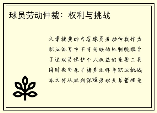 球员劳动仲裁：权利与挑战
